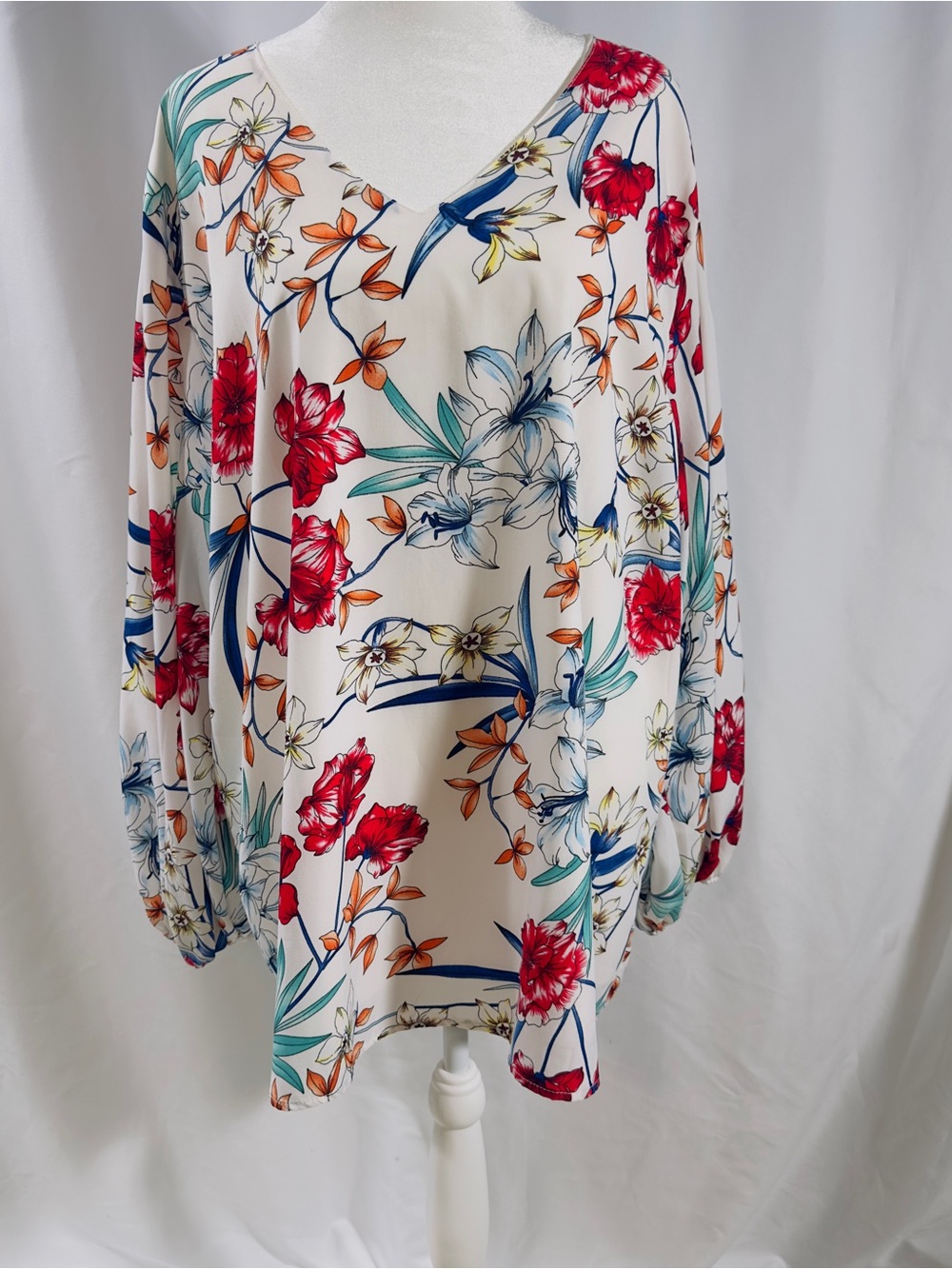 Qearal 2XL Woman Multicolor Floral Balloon Sleeve Blouse Top V-Neck White Red